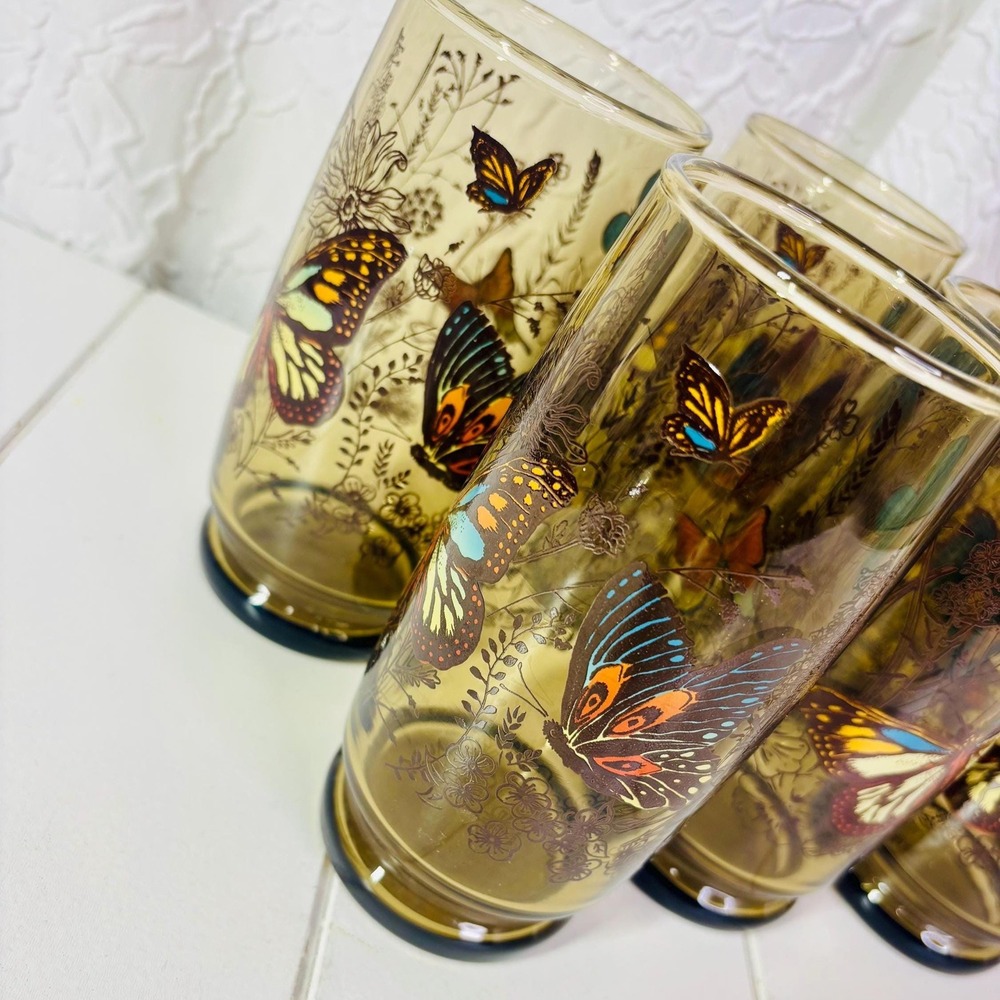 Vintage MCM Amber Tumbler Glasses Colorful Boho Bohemian Butterfly - Picture 5 of 8